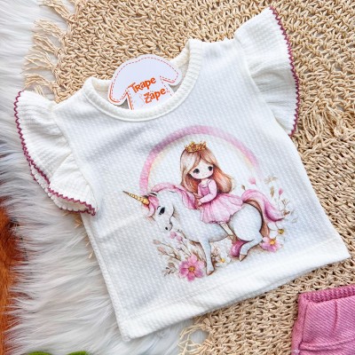 Conj. Blusa Princesa com Unicórnio e Short - Uva e Off White
